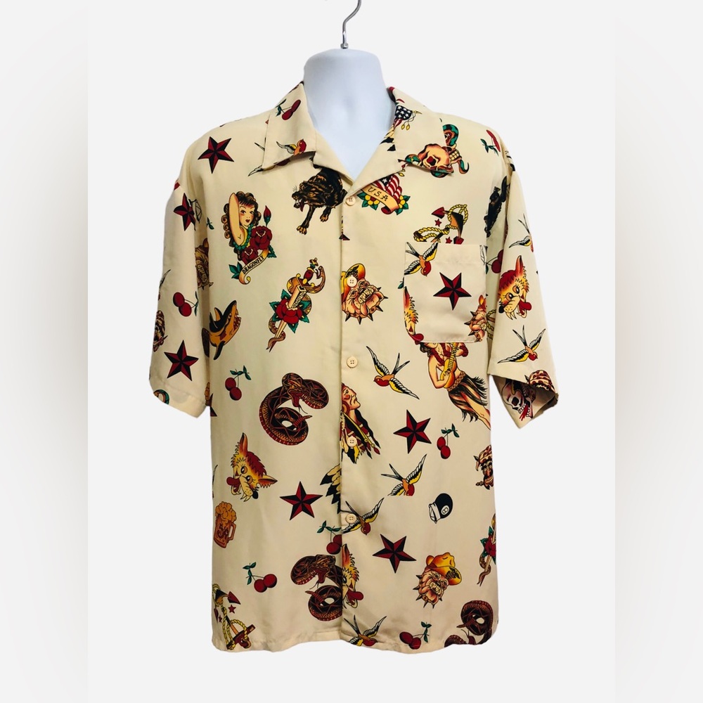 VTG DRAGONFLY Traditional Tattoo Hawaiian Shirt Navy Chief Hula Girl Snake Wolf